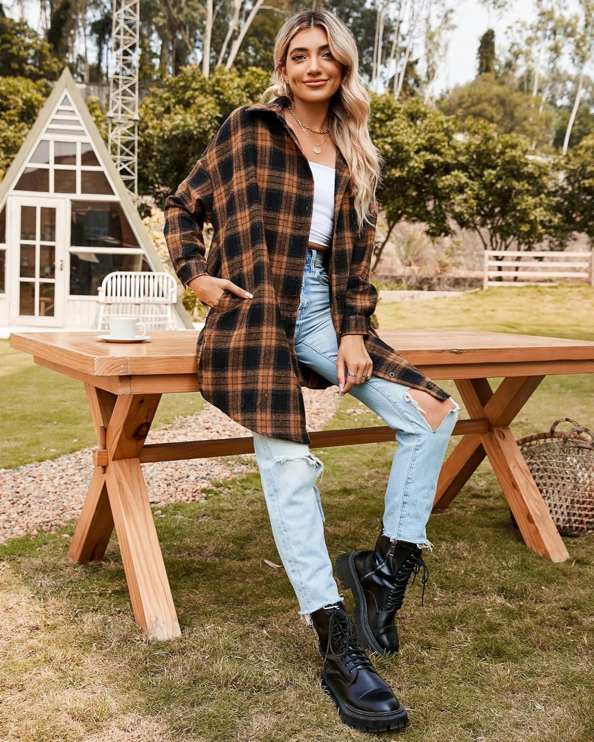 Women's Flannel Shirts Plaid Shacket Collared Long Jacket Coats