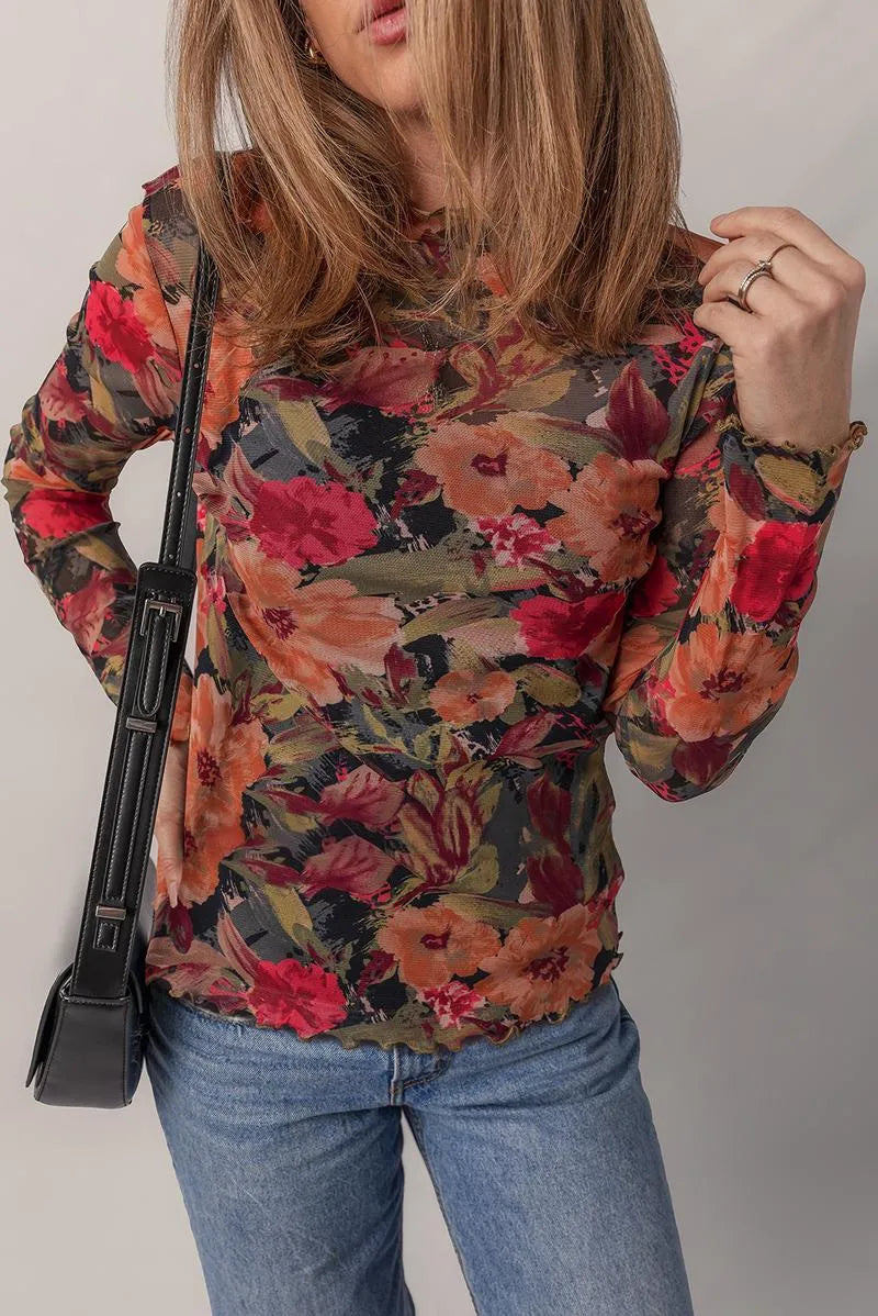 Women's Slim Fit Vibrant Floral Mesh Top