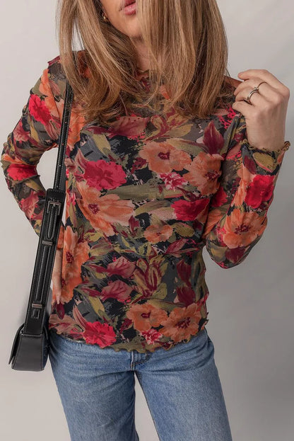 Women's Slim Fit Vibrant Floral Mesh Top