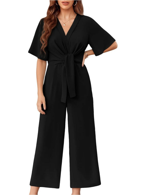 Womens Short Sleeve Tie Knot Front Wide Leg Jumpsuits (BUY 2 FREE SHIPPING)
