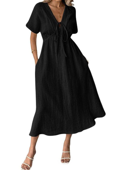 Women's V-Neck Tie Waist Short Sleeve Midi Dress with Pockets