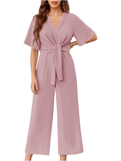 Womens Short Sleeve Tie Knot Front Wide Leg Jumpsuits (BUY 2 FREE SHIPPING)