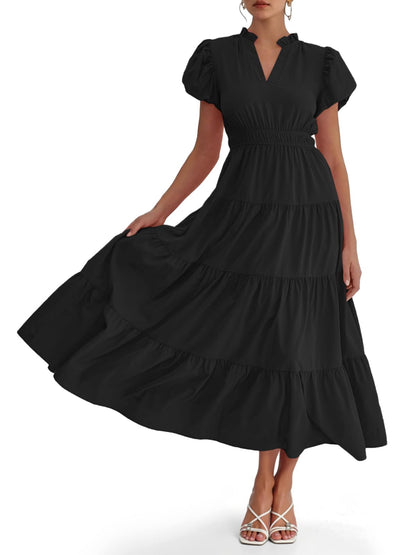 Womens Puff Short Sleeve V Neck Flowy Tiered Beach A-Line Dresses
