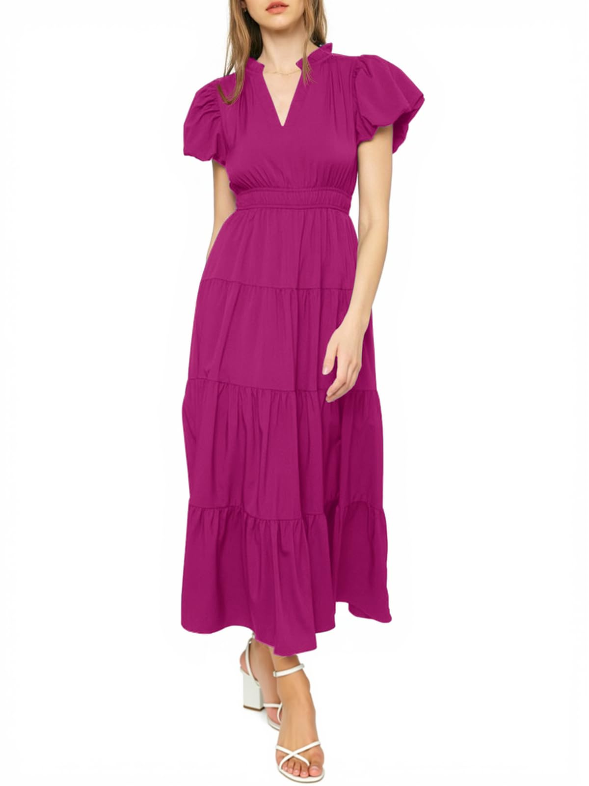 Womens Puff Short Sleeve V Neck Flowy Tiered Beach A-Line Dresses