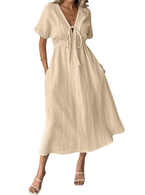 Women's V-Neck Tie Waist Short Sleeve Midi Dress with Pockets