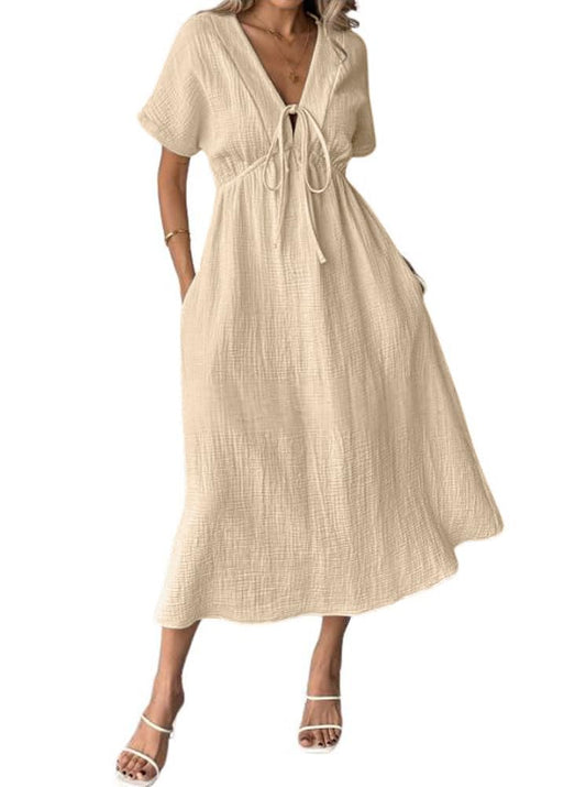 Women's V-Neck Tie Waist Short Sleeve Midi Dress with Pockets