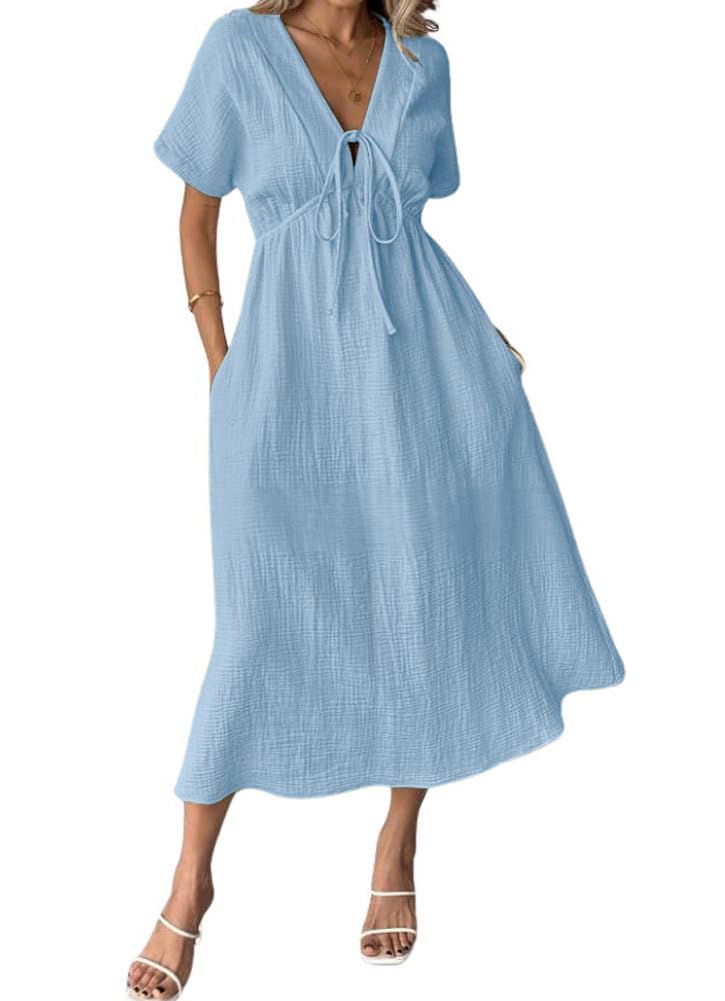 Women's V-Neck Tie Waist Short Sleeve Midi Dress with Pockets
