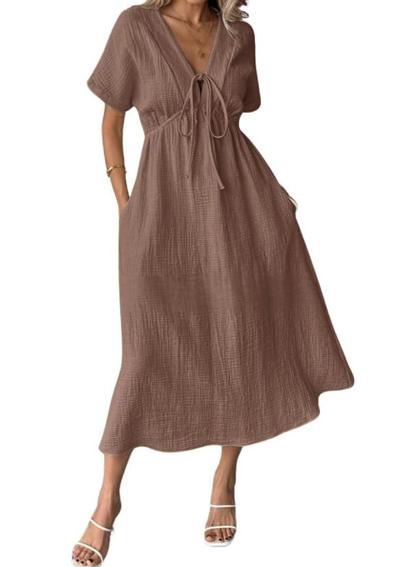 Women's V-Neck Tie Waist Short Sleeve Midi Dress with Pockets