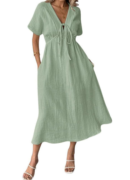 Women's V-Neck Tie Waist Short Sleeve Midi Dress with Pockets
