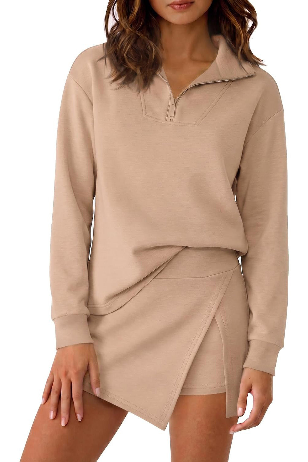 Women's Half Zip Long‑Sleeve Top & Wrap Skort 2 Piece Casual Set