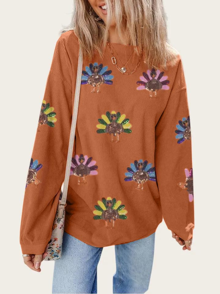 Women's Sequin Turkey Patch Thanksgiving Corduroy Sweatshirt (Buy 2 Free Shipping)