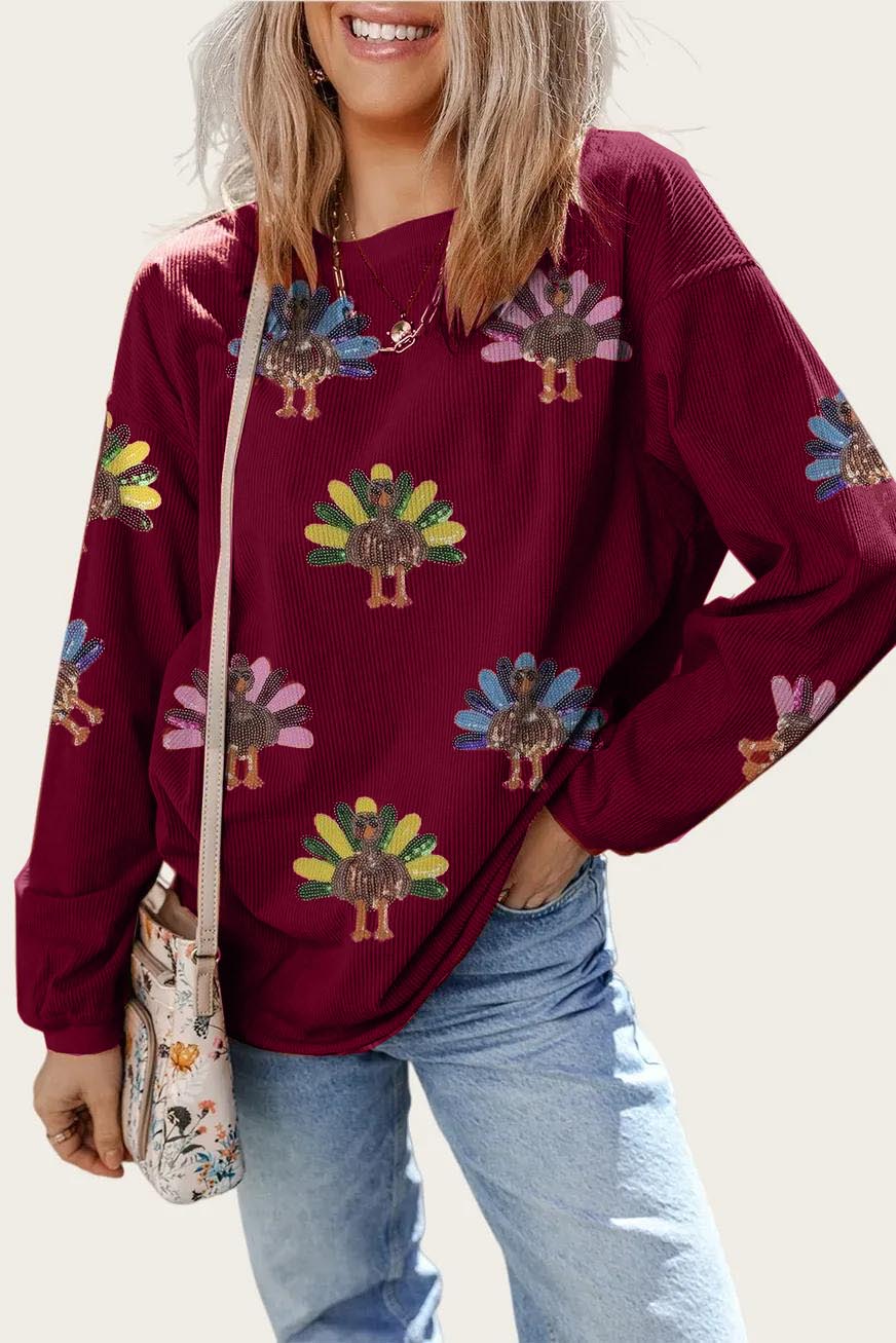 Women's Sequin Turkey Patch Thanksgiving Corduroy Sweatshirt (Buy 2 Free Shipping)