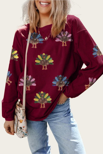 Women's Sequin Turkey Patch Thanksgiving Corduroy Sweatshirt (Buy 2 Free Shipping)