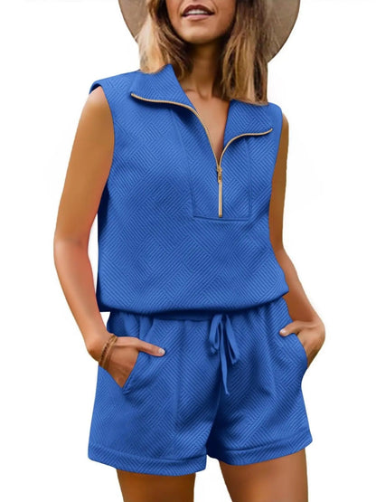 Womens 2 Piece Outfits  extured Quarter-Zip Sleeveless Tops with Shorts