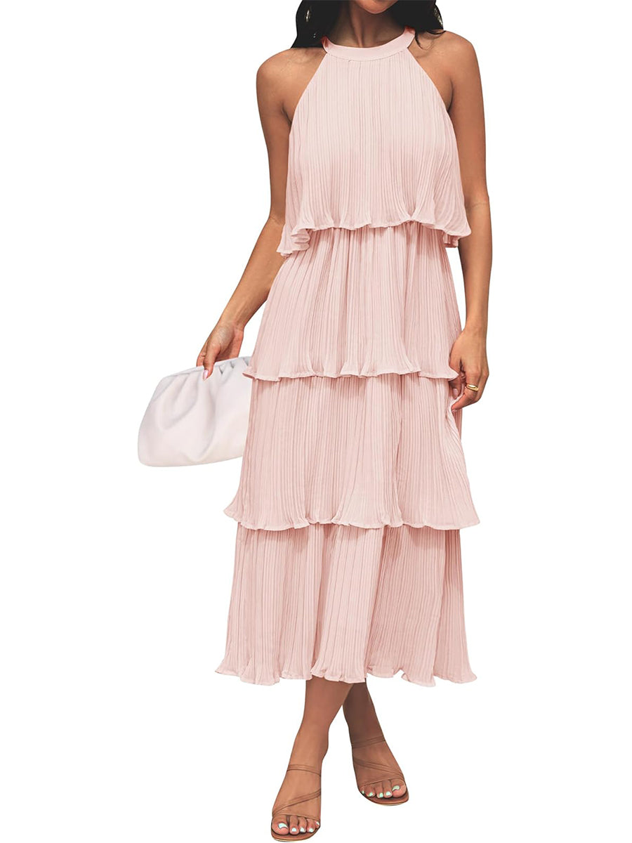 Women's Summer Halter Neck Ruffle Tiered Layered Chiffon Flowy Swing Midi Dress