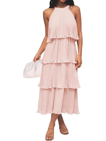 Women's Summer Halter Neck Ruffle Tiered Layered Chiffon Flowy Swing Midi Dress