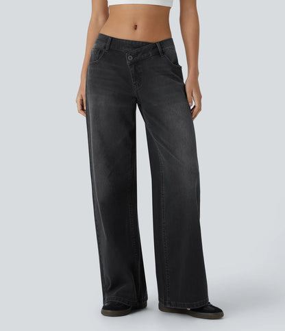 Asymmetric Low Rise Zipper Pockets Baggy Wide Leg Washed Casual Jeans