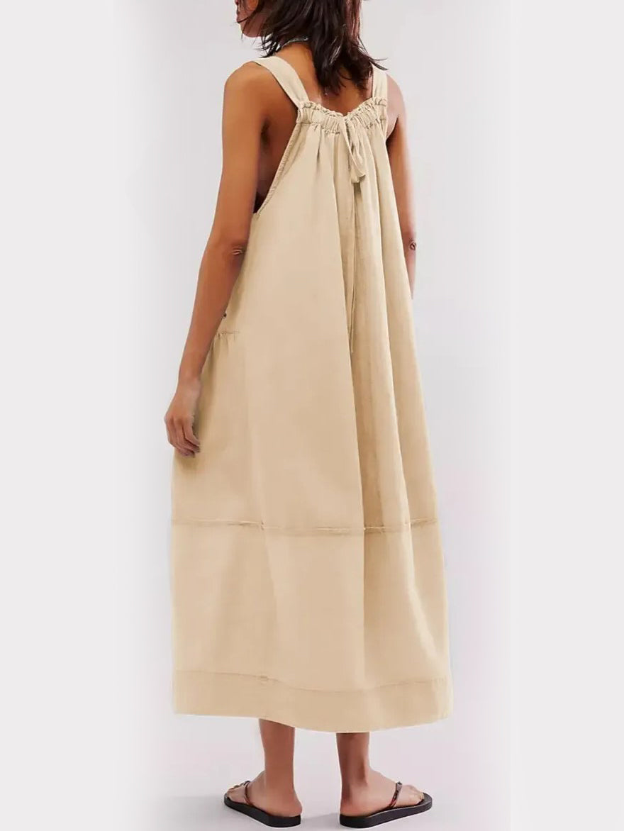 Women's Adjustable Shoulder Strap Loose Long Dress with Pockets