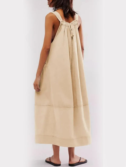 Women's Adjustable Shoulder Strap Loose Long Dress with Pockets