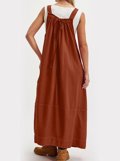 Women's Adjustable Shoulder Strap Loose Long Dress with Pockets