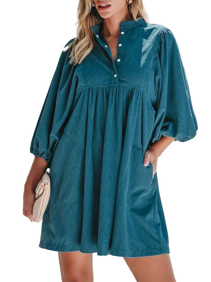 Women Corduroy Half Button Puff Sleeve Babydoll Mini Dress With Pockets