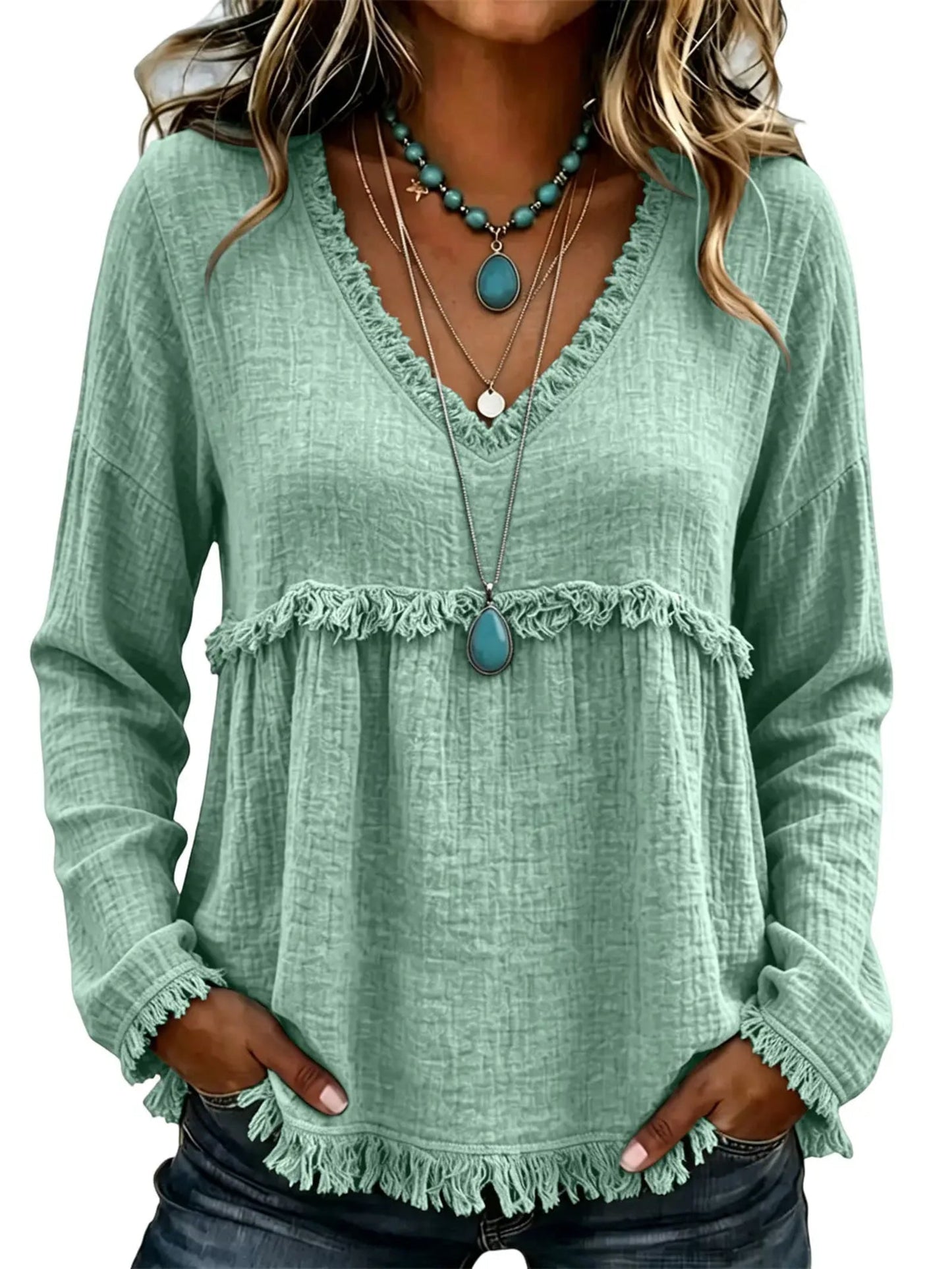 Women Boho Fringe Tassel Blouse V‑Neck Long Sleeve Loose Casual Top