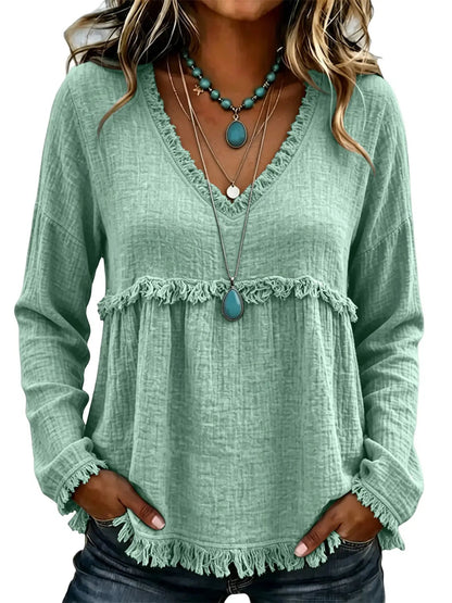 Women Boho Fringe Tassel Blouse V‑Neck Long Sleeve Loose Casual Top