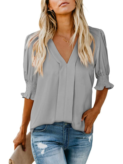 Women's V Neck Dressy Puff Ruffle Blouse Casual Short Sleeve Tops