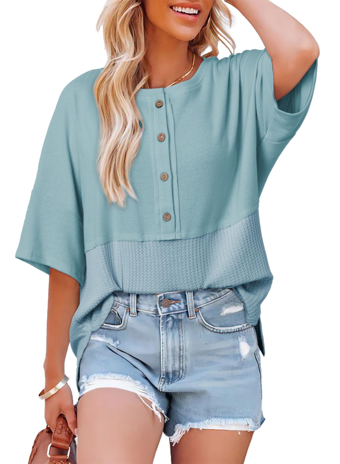 Women's 3/4 Sleeve Casual Button Down Waffle Knit Tops