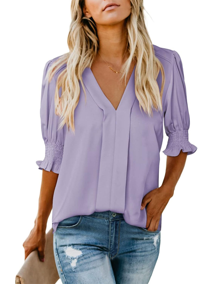 Women's V Neck Dressy Puff Ruffle Blouse Casual Short Sleeve Tops