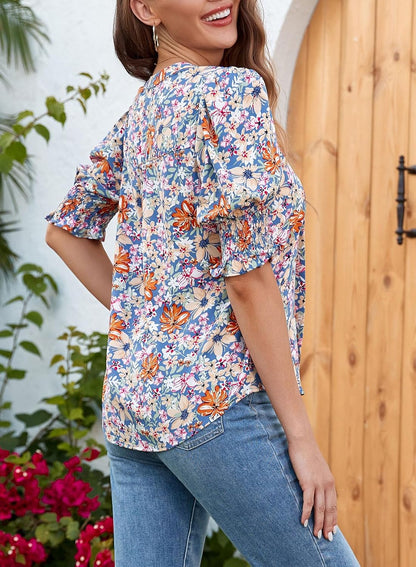 Floral V-Neck Puff Sleeve Blouse