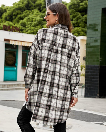 Women's Flannel Shirts Plaid Shacket Collared Long Jacket Coats
