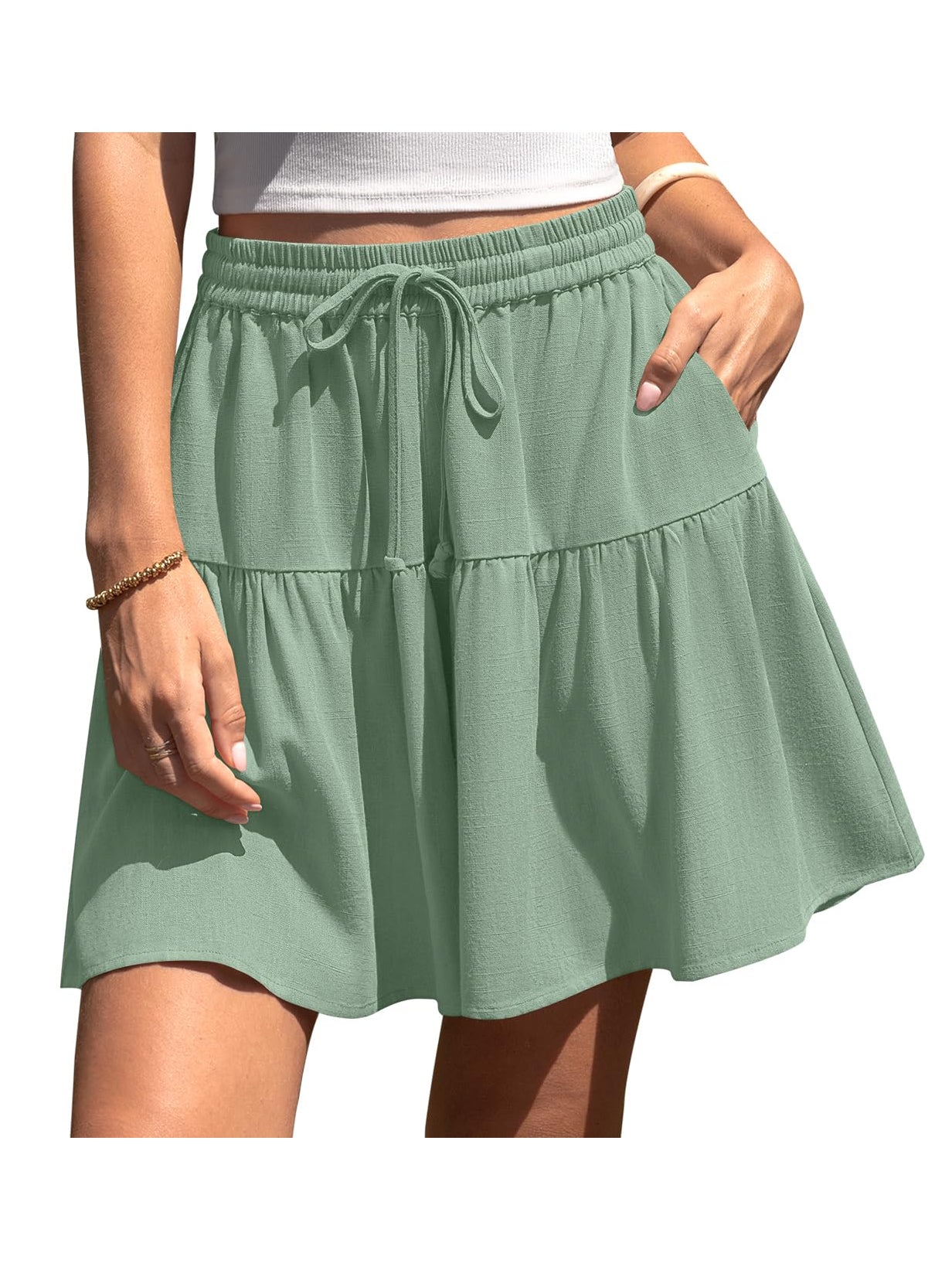 Women's High Waist Drawstring Tiered Skort