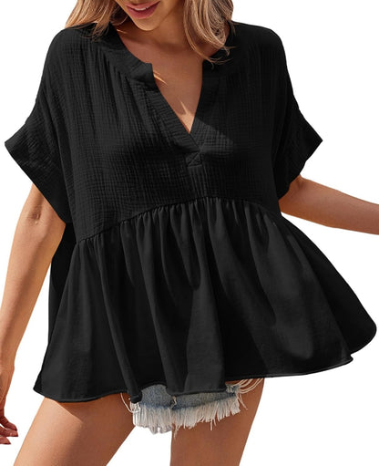 Womens V Neck Short Sleeve Pleated Flowy Shirts Peplum Blouse