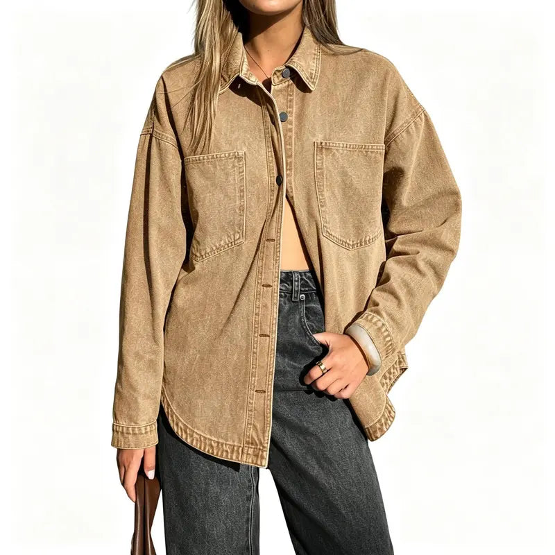 Women Vintage Washed Denim Shacket Long Sleeve Oversized Shacket