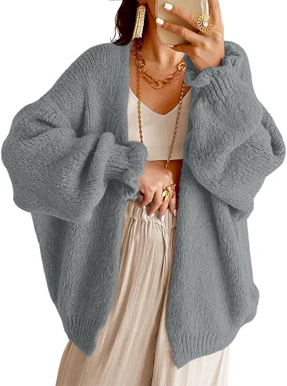 Women Oversized Open‑Front Knit Cardigan Long Balloon Sleeve Loose Sweater Coat