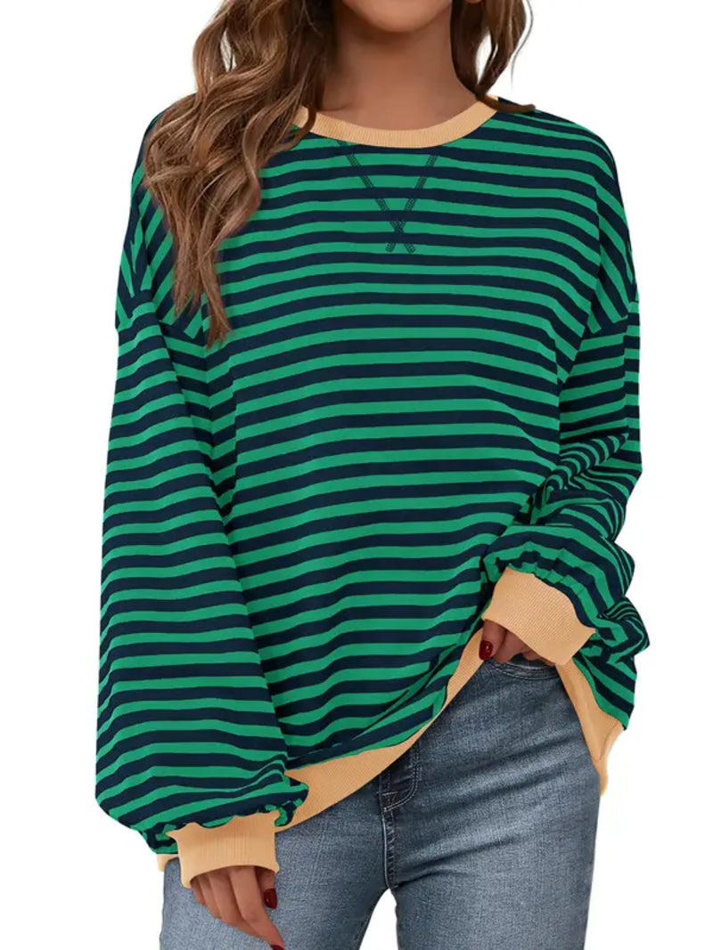 Womens Striped Oversized Sweatshirt Color Block Long Sleeve Top