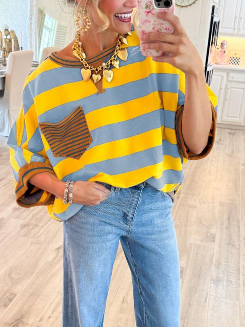 Women's T-shirts Striped Drop Shoulder Pocket T-shirt