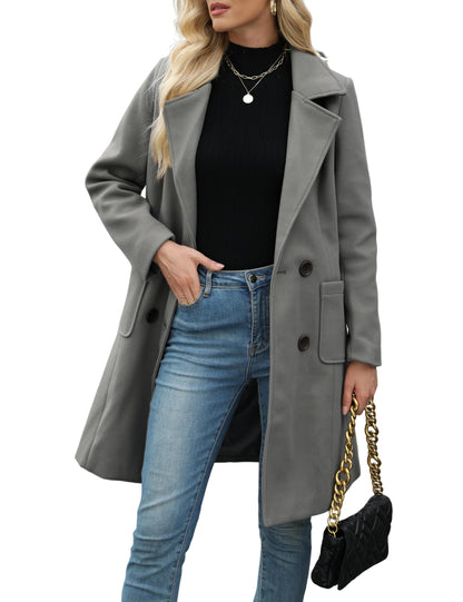 Women Open Front Wool Coat Lapel Double Button Mid‑Length Overcoat With Pockets