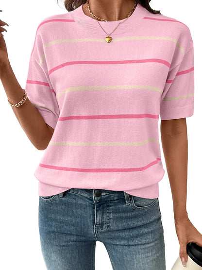 2026 Womens Tops Crewneck Short Sleeve Sweater Pullover Knit Striped Shirt