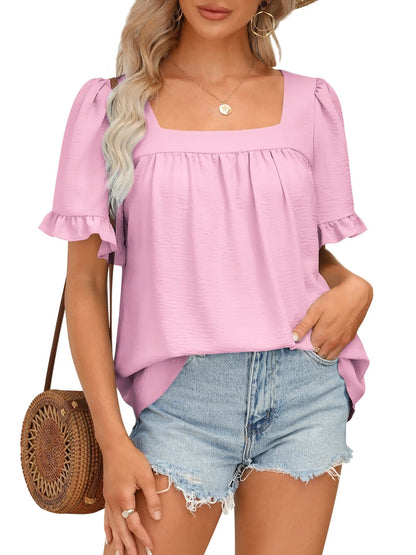 🔥Women's Sqaure Neck Ruffle Sleeve Blouses Peplum Tops