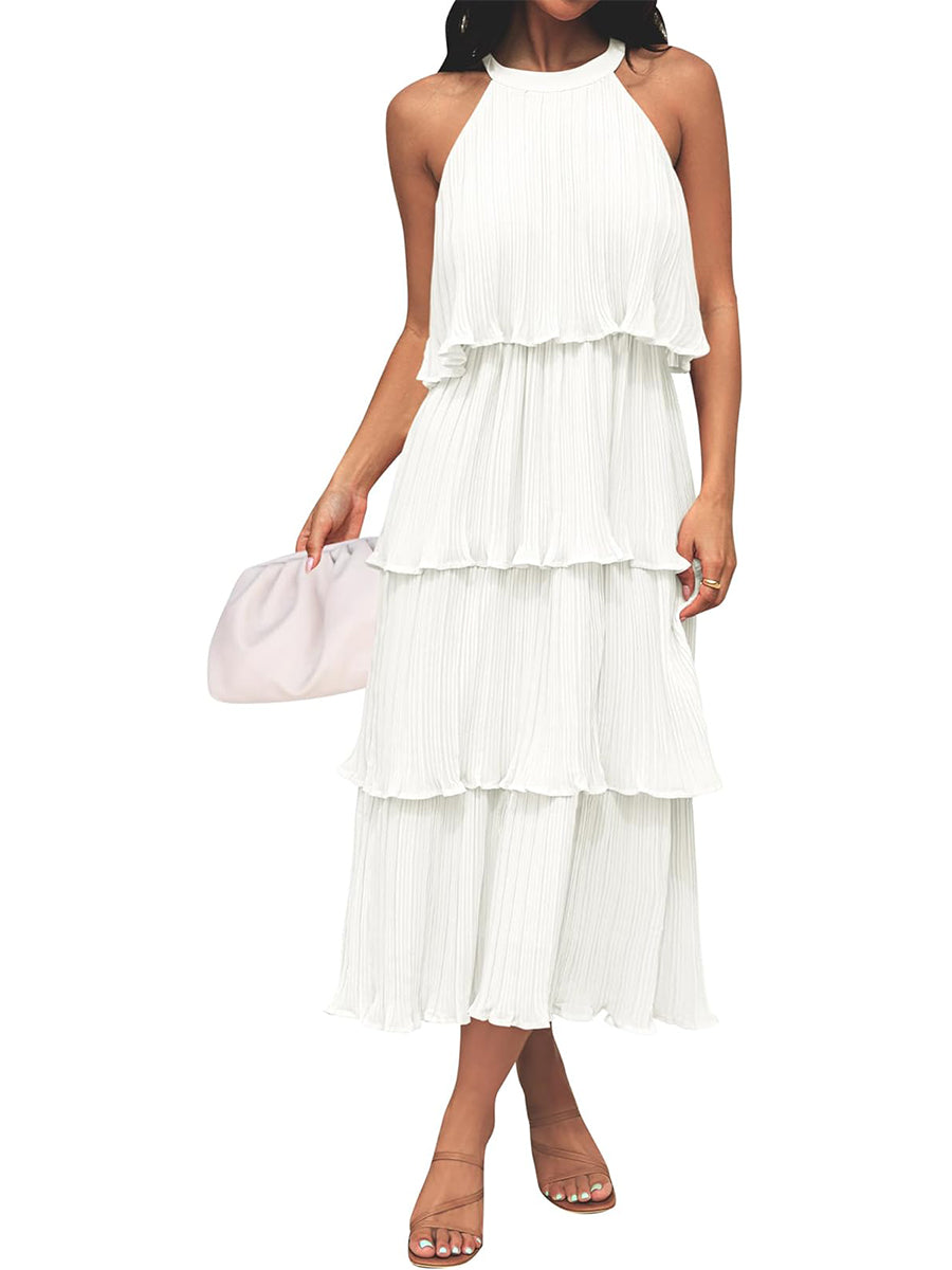 Women's Summer Halter Neck Ruffle Tiered Layered Chiffon Flowy Swing Midi Dress