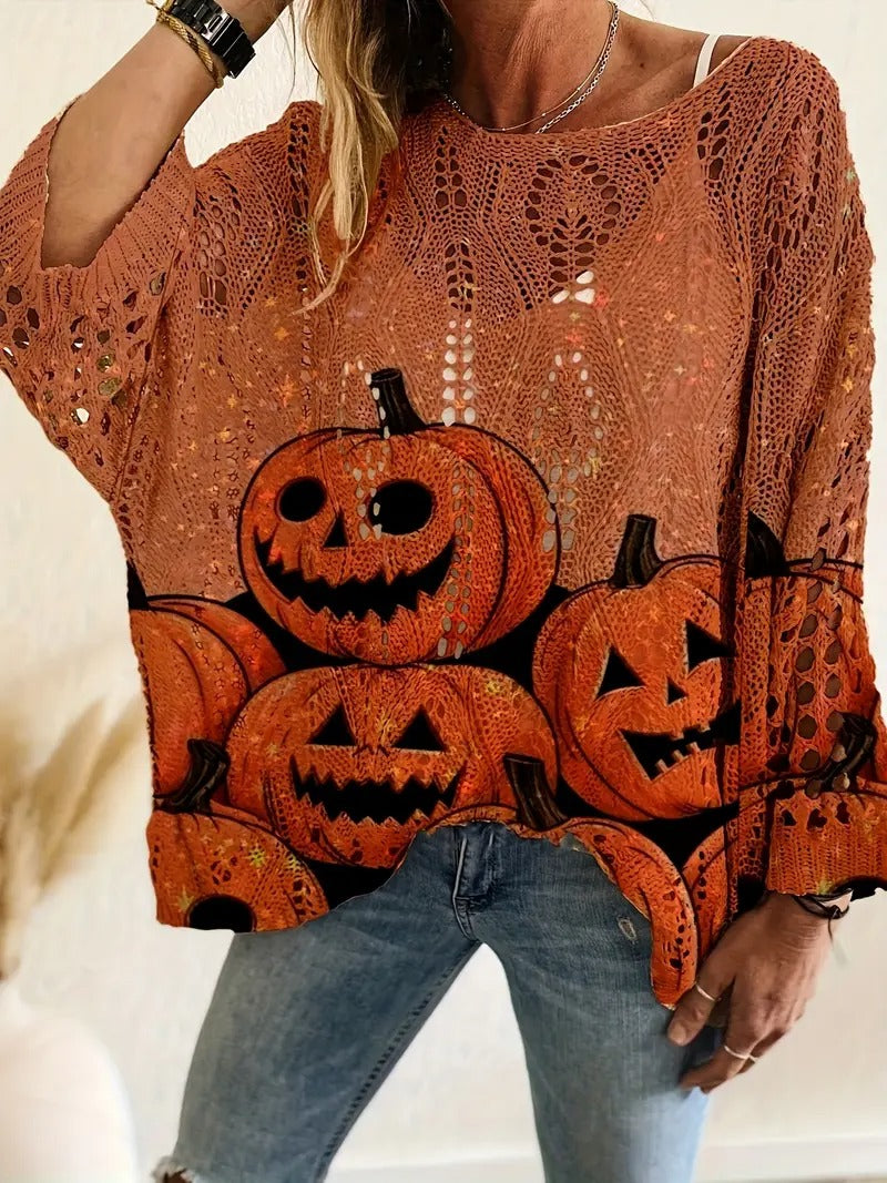 Halloween Crew Neck Pumpkin Loose Fit Long Sleeve Cutout Sweater