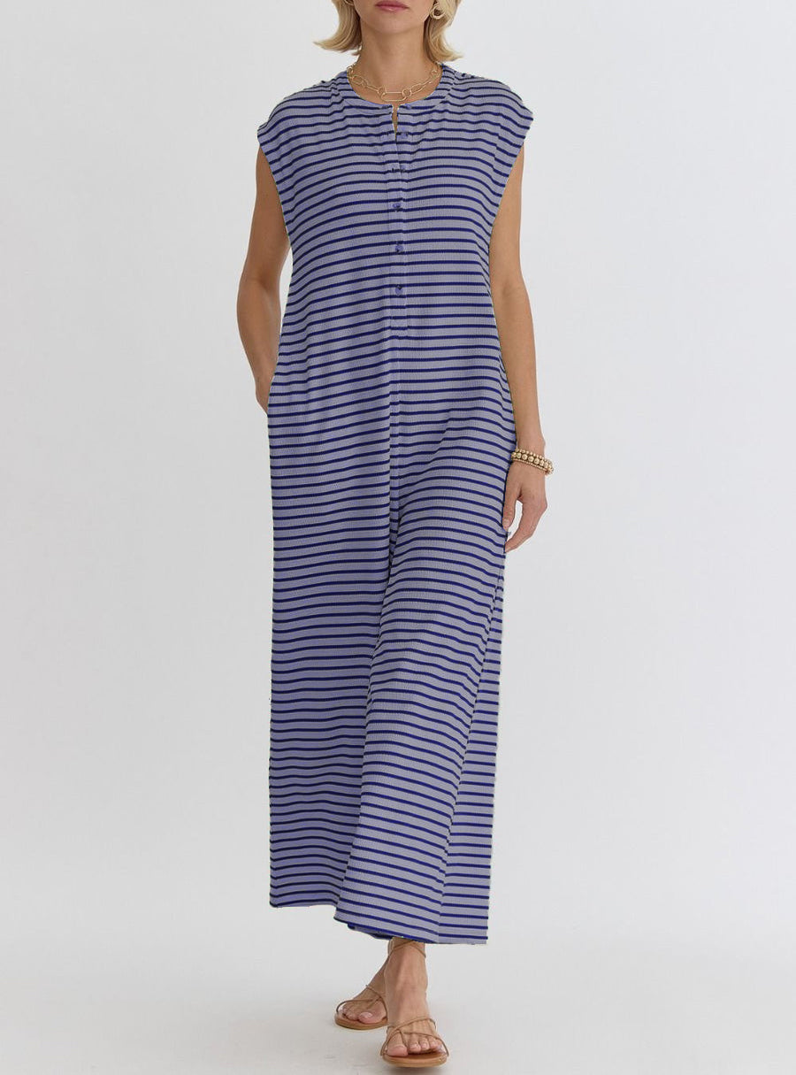 Women's Casual Striped Button-Up Jumpsuit