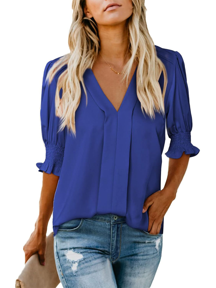 Women's V Neck Dressy Puff Ruffle Blouse Casual Short Sleeve Tops