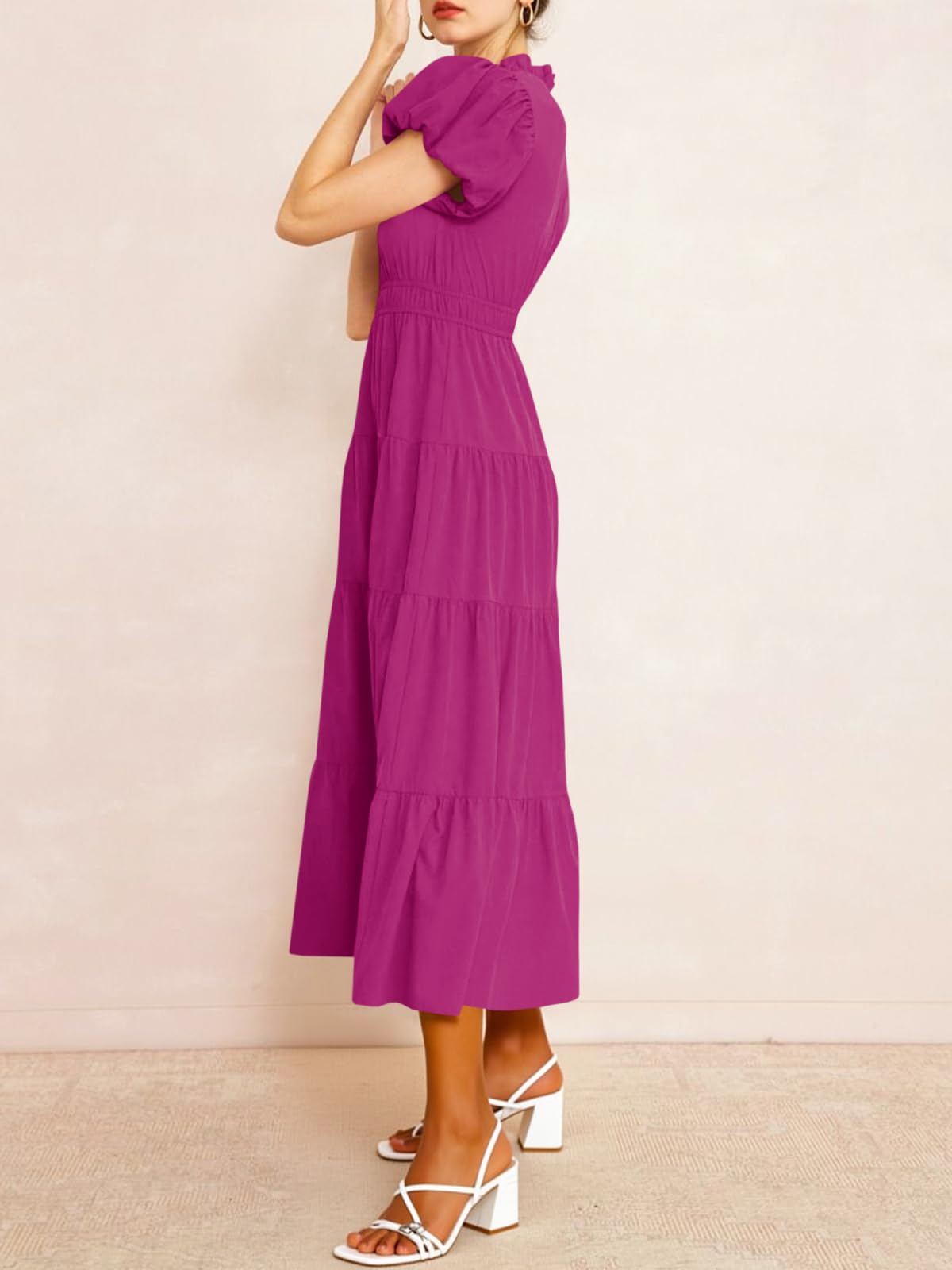 Womens Puff Short Sleeve V Neck Flowy Tiered Beach A-Line Dresses