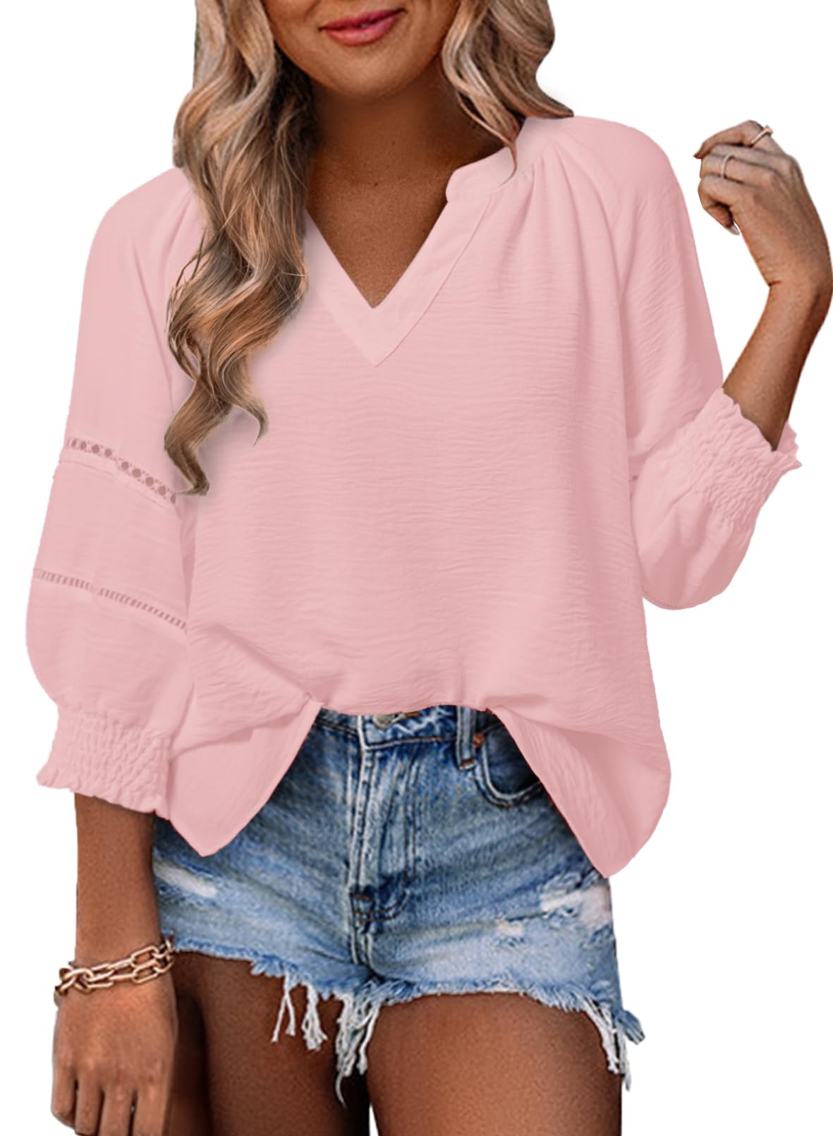 Womens Tops 3/4 Lantern Sleeve V-Neck  Pleated Loose Tunic Hollow-Out Blouse
