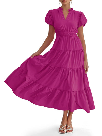 Womens Puff Short Sleeve V Neck Flowy Tiered Beach A-Line Dresses
