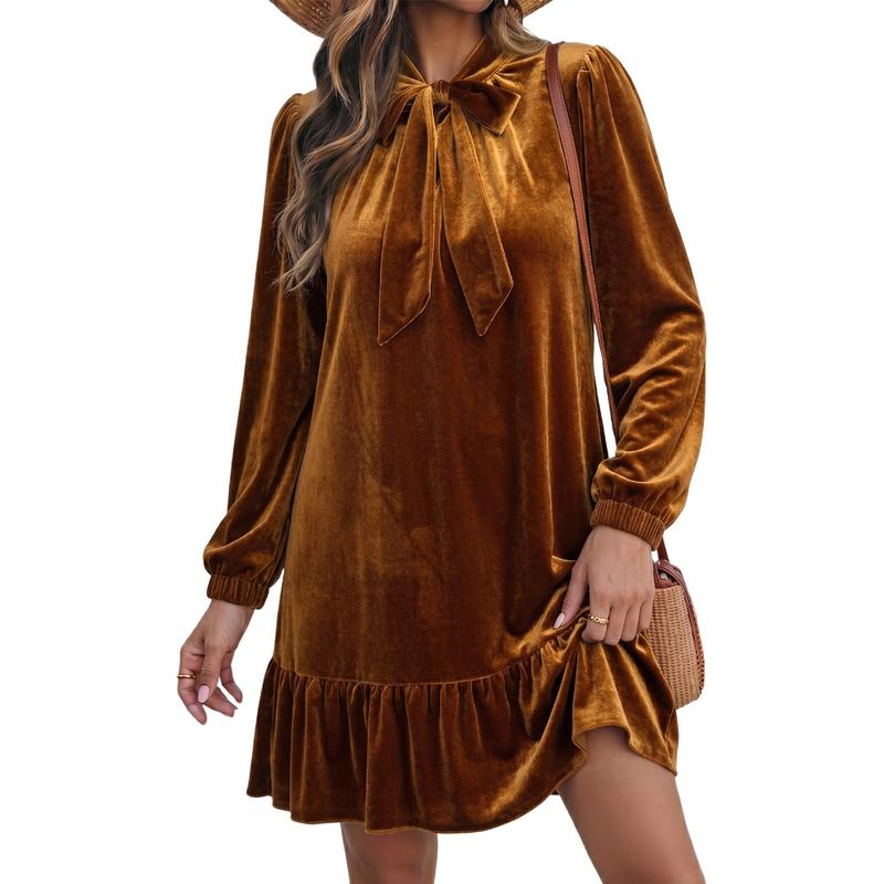 Women Tie Neck Long Sleeve A-Line Babydoll Mini Dress Ruffle Hem