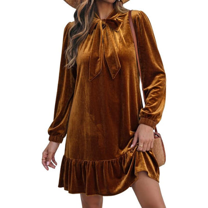 Women Tie Neck Long Sleeve A-Line Babydoll Mini Dress Ruffle Hem